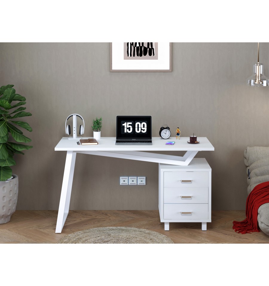 Scrivania per Computer con Tre Cassetti Bianco opaco effetto legno -  Scrivanie per computer - Arredamento Ufficio - Ufficio - Techly