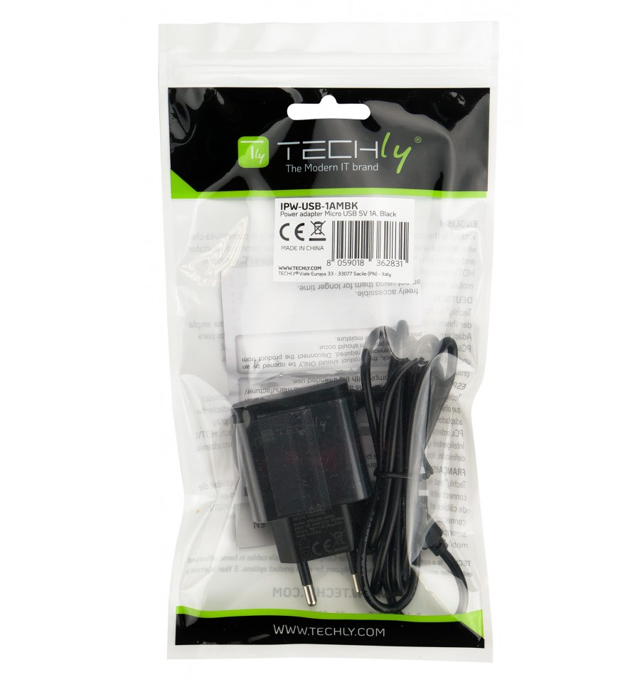 Caricabatterie Alimentatore Micro USB 5V 1A per Smartphone Tablet Nero  IPW-USB-1AMBK Techly