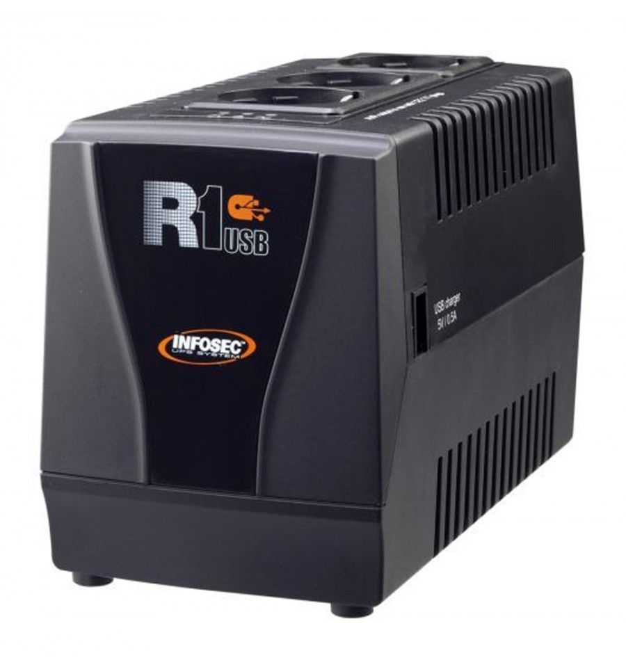 Regolatore automatico di tensione R1 USB 1000VA con 3 Prese Schuko Nero  IUPS-AVR-1000 Infosec