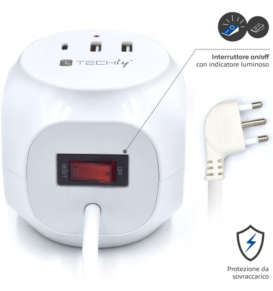 Multipresa a Cubo 3 Posti con 2 Porte USB-A e 1 USB-C™ QC3.0  IUPS-PCP-CUBE-3PUSB Techly