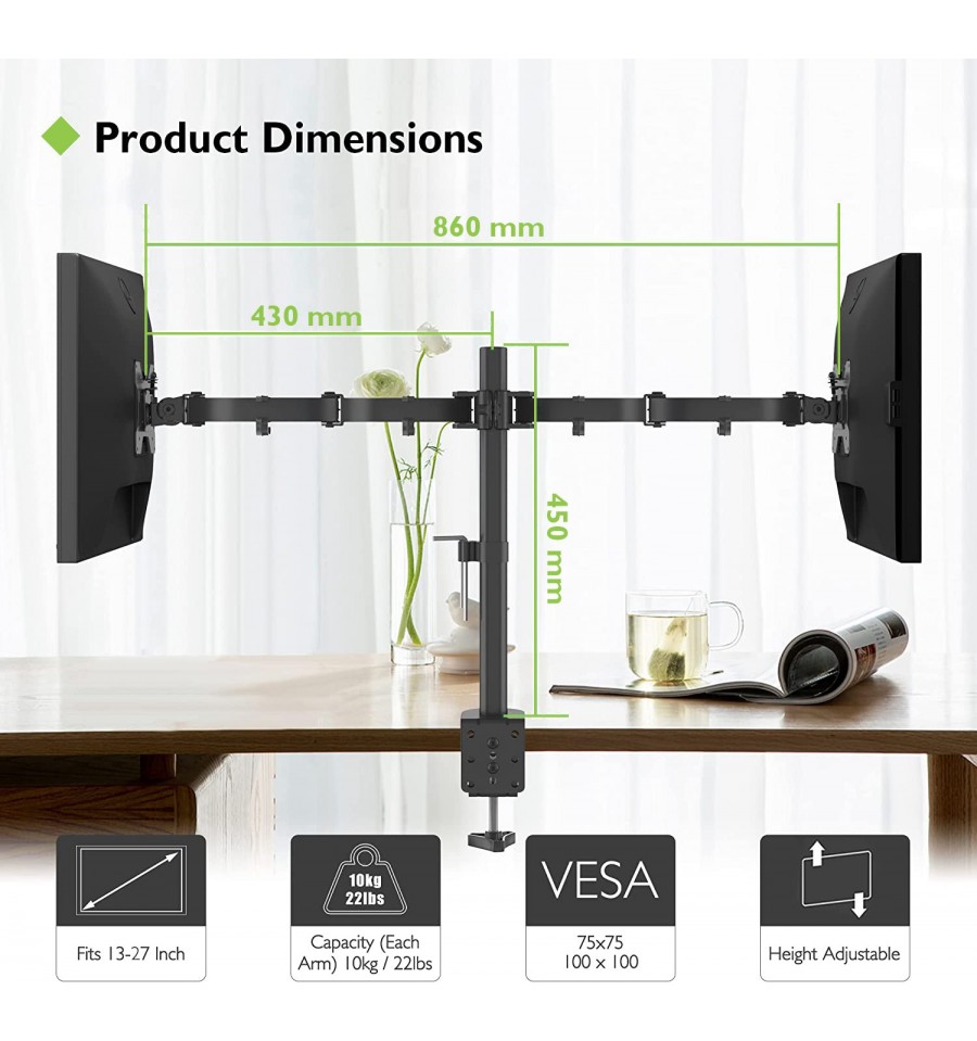 Techly Supporto da Scrivania per 2 Monitor 13-27 con Base