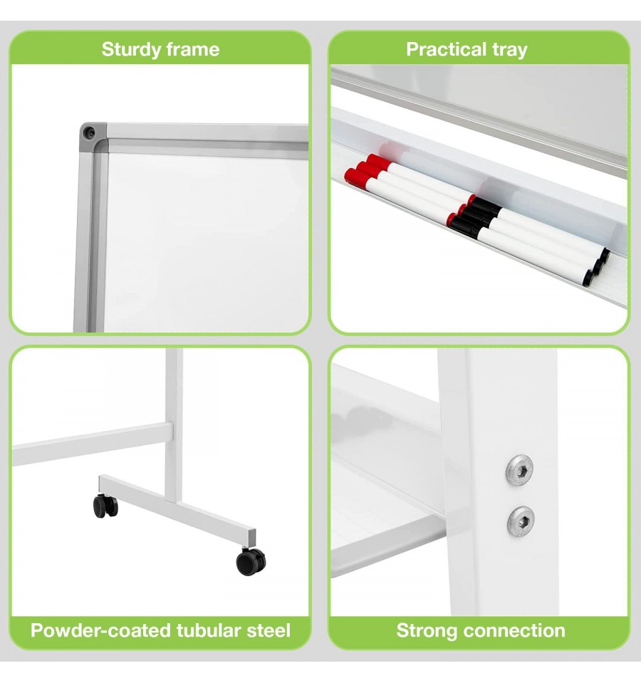 Lavagna Magnetica Bifacciale 60x100 cm con Ruote e Mensola per Pennarelli  con Ganci Portablocco ICA-WH 60100W Techly