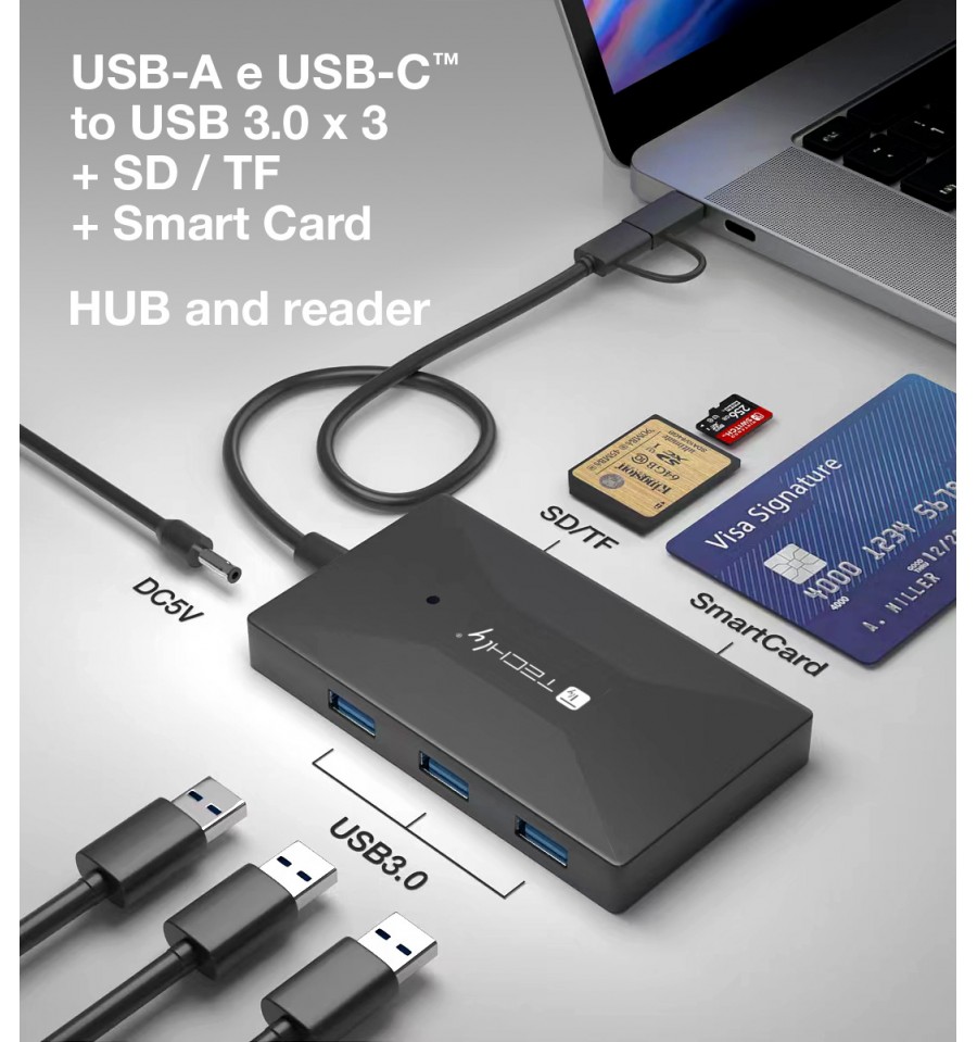 Lettore di Memorie SD/TF Smart Card con Hub 3 Porte USB IUSB-CARD-AC582  Techly