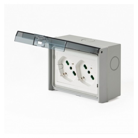 Multipresa Universale IP55 con Doppia Presa Bipasso Italiana Schuko con Scatola da Parete 3 Moduli IUPS-PCP-OPE55