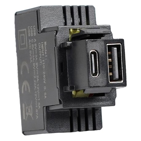 Alimentatore Compatto da Incasso Keystone USB-A e USB-C™ 20W 5-12V Nero IPW-USB-AC3AB