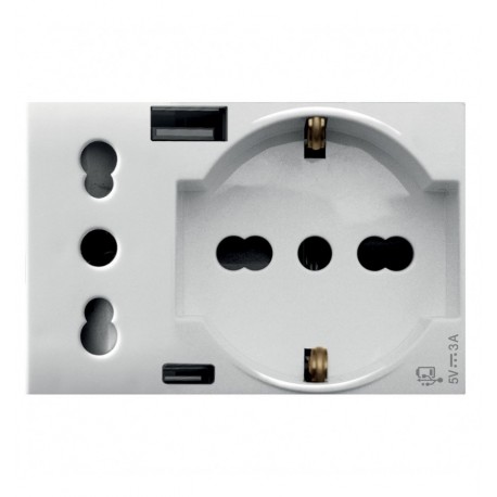 WHITEK S44 Presa Schuko Presa Italiana USB-A e USB-C™ 2P+T 10/16A 250V 3 Moduli Bianco Opaco