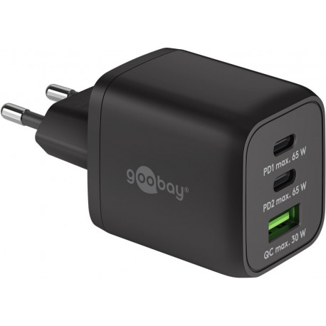 Nano Caricatore Alimentatore GaN 2xUSB-C™ (PD) + USB-A (QC) da Muro 65W Nero IPW-USB-65W2C1ANB