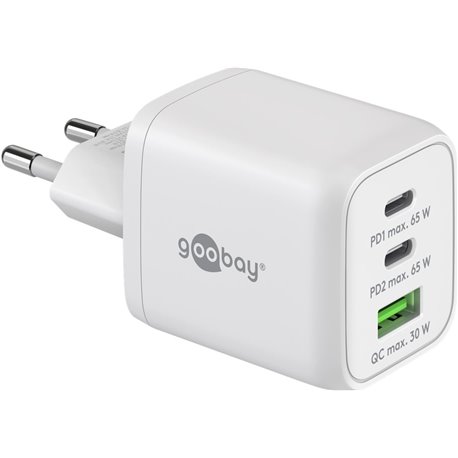 Nano Caricatore Alimentatore GaN 2xUSB-C™ (PD) + USB-A (QC) da Muro 65W Bianco IPW-USB-65W2C1ANW