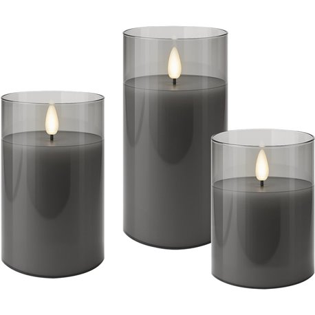 Set di 3 Candele a LED in Vera Cera in Vetro con Timer Grigio I-LED-CANDLES3GR