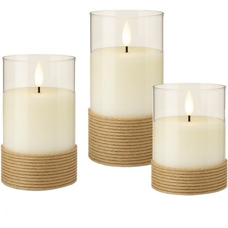 Set di 3 Candele a LED in Vera Cera Bianca in Vetro e Canapa con Timer I-LED-CANDLES3WH