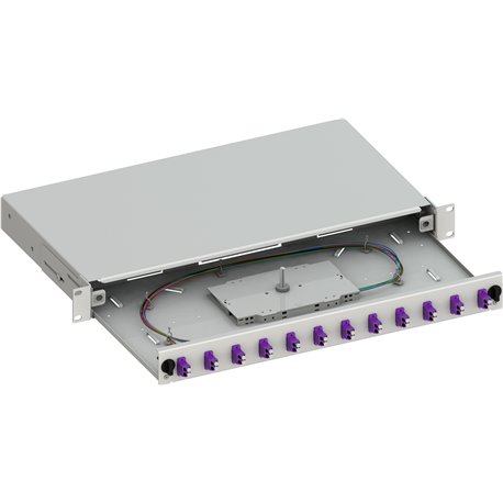 Cassetto Ottico 19'' Scorrevole con 12 Bussole e 24 Pigtails LC Duplex Multimodale OM4 Grigio ILWL SBP-12LCOM4G