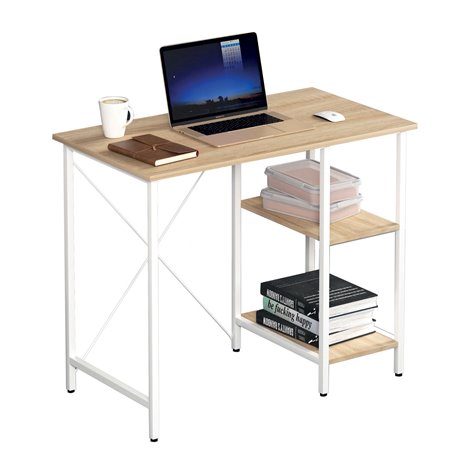 Scrivania per Computer con Ripiani Rovere Chiaro e Struttura in Metallo Bianca ICA-TB 3672
